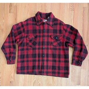 Vintage AK JAC Shirt Jacket Men's Large Flannel Red Buffalo Plaid Heavyweight